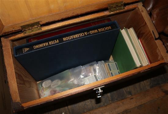 Wooden box inc 2 Doctor Who Limited edition books, postcards & cigarette cards etc(-)